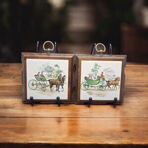 Set Of 2 Vtg MCM Villeroy & Boch Painted Tile Trivet Carriage Ride Wooden Hangin
